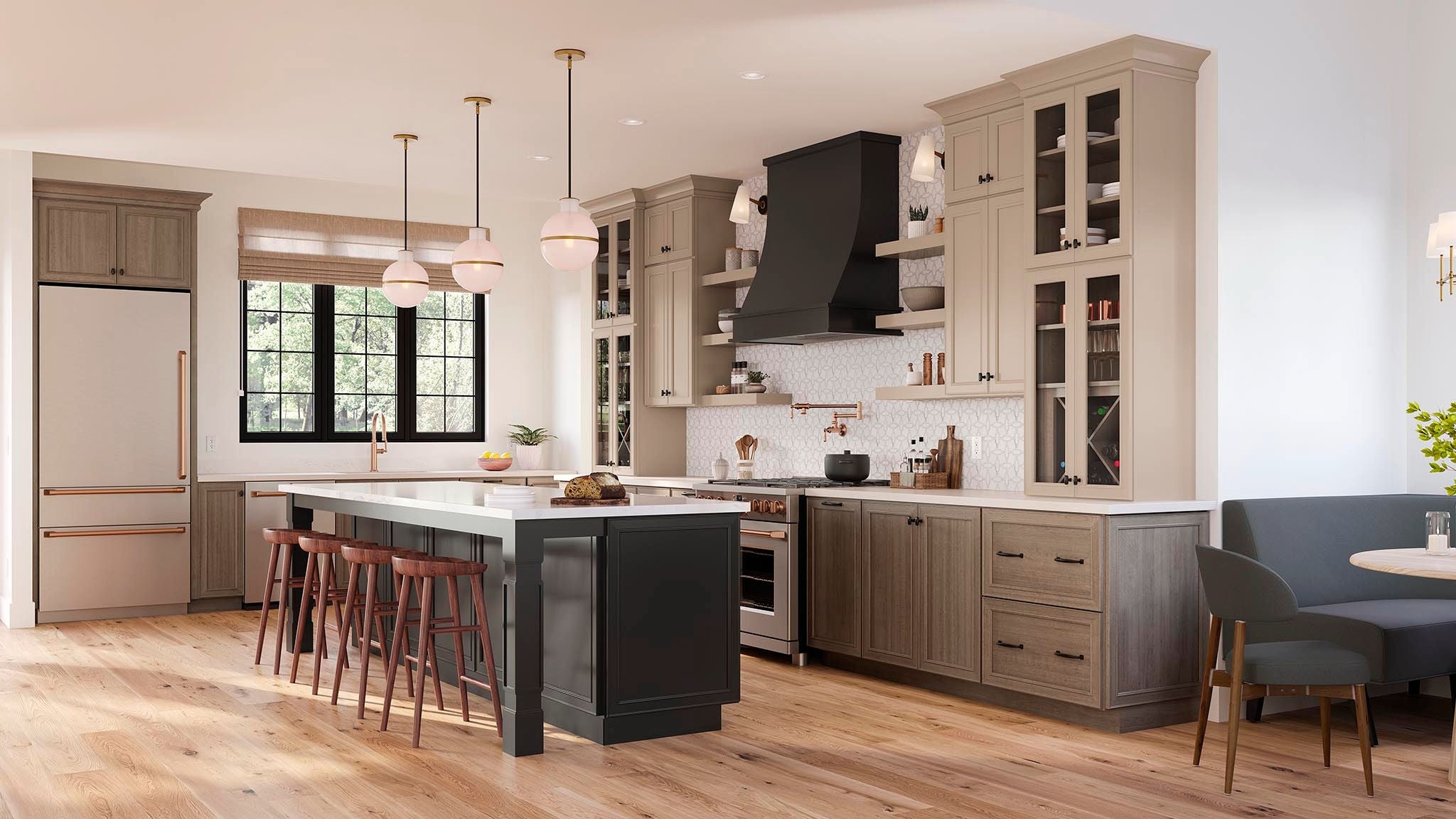 Brookland Painted Oat, Maple Almond and Painted Black kitchen