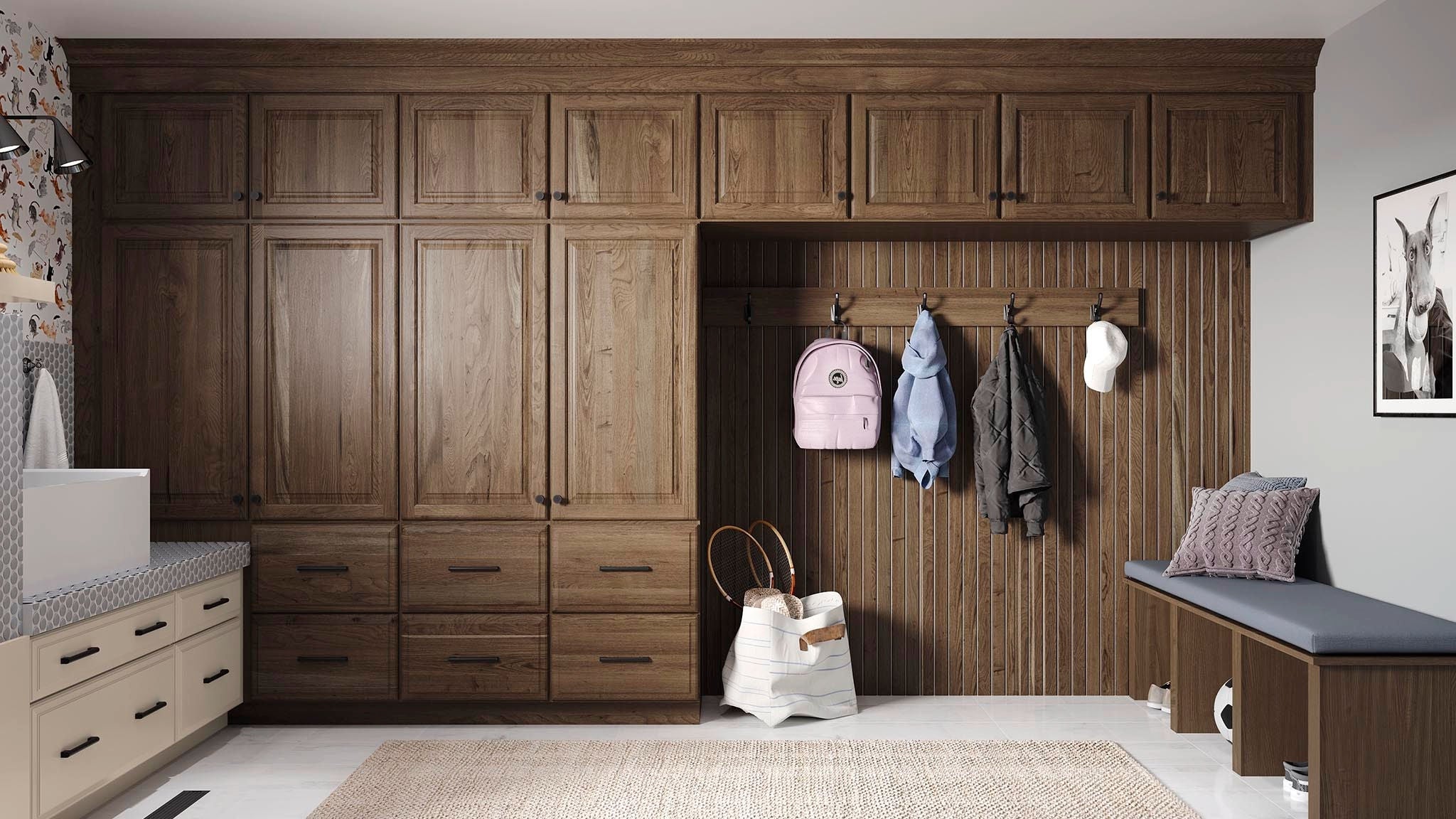 Portola Painted Oat and Cherry Clove mudroom