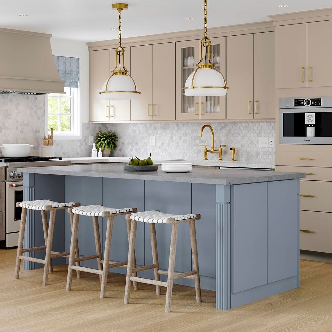 A kitchen island featuring Aria decorative legs
