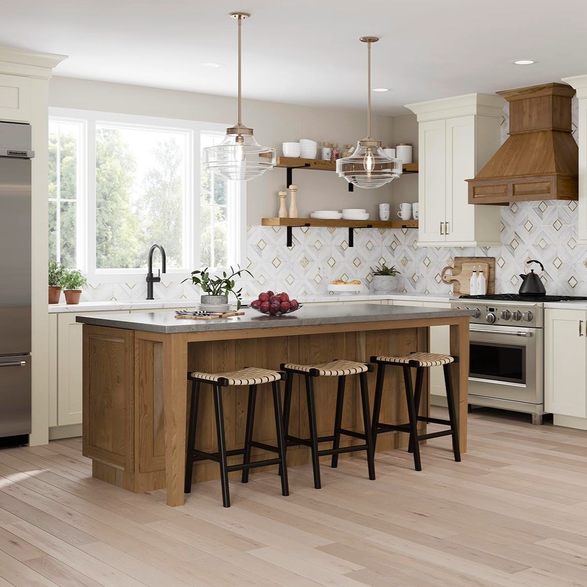 A kitchen island with Base tapered legs
