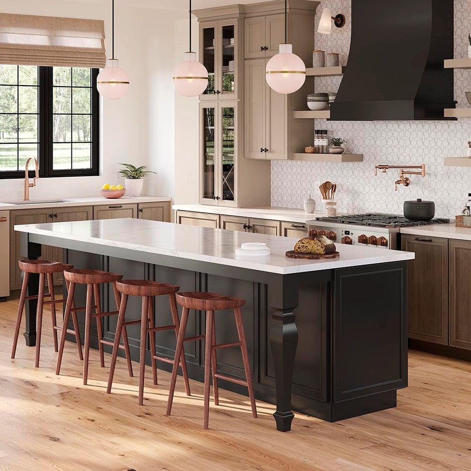 A kitchen island with decorative legs